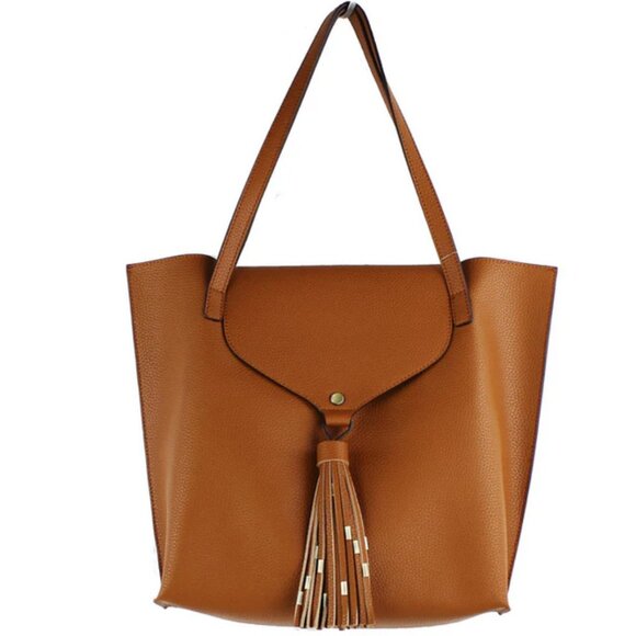 Tan Street Level Tassle Tote Bag with Matching Cosmetic Bag - Picture 1 of 9